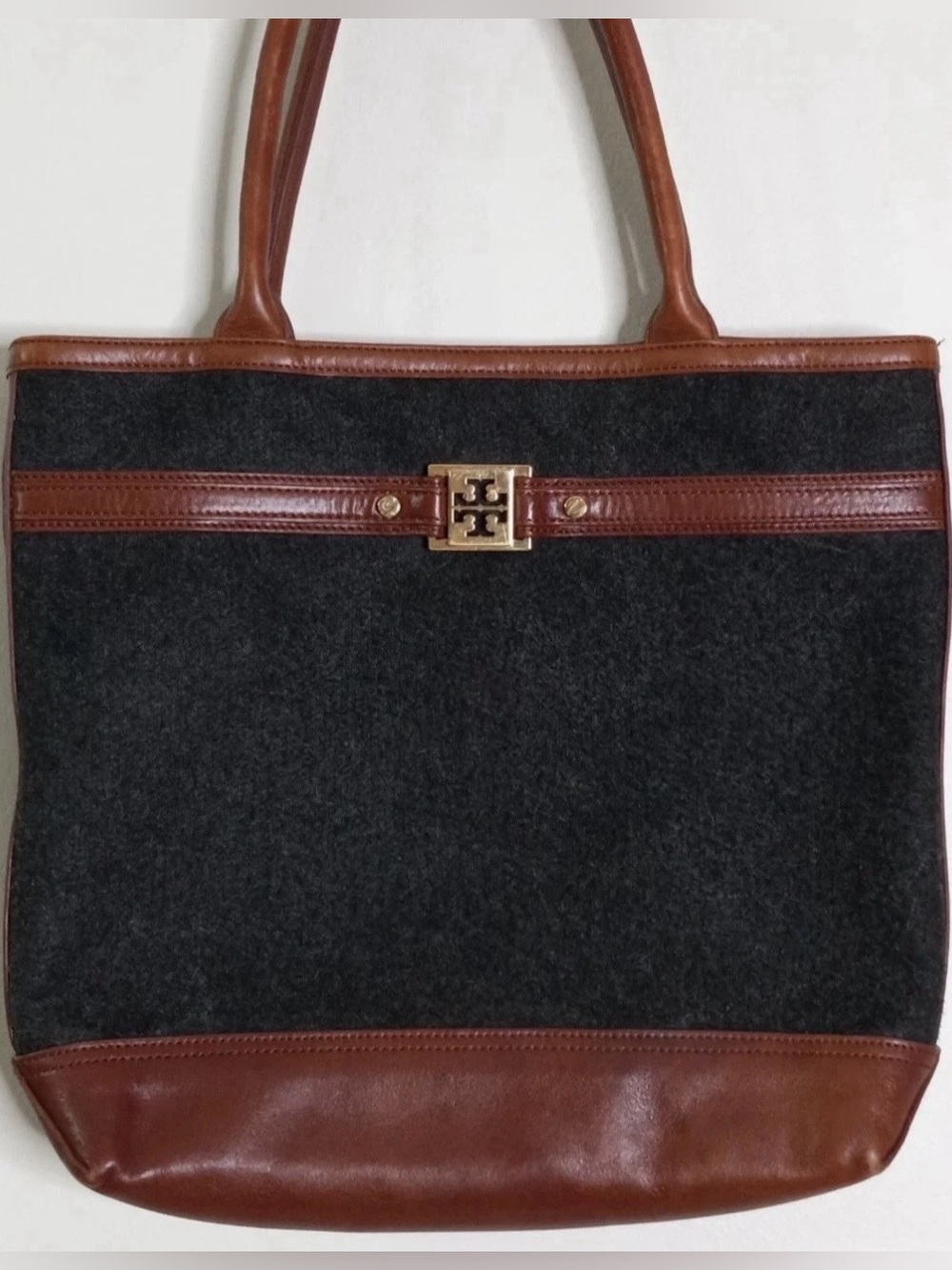 Tory Burch Ambrose Charcoal Gray Wool Brown Leather Trim Tote Shoulder Bag
